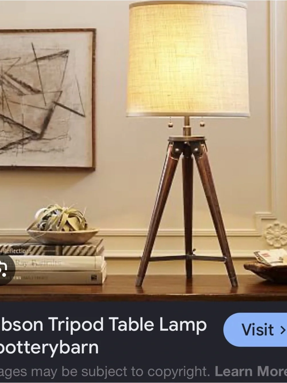 Pottery Barn Gibson tripod floor lamp base bronze shade is not included.